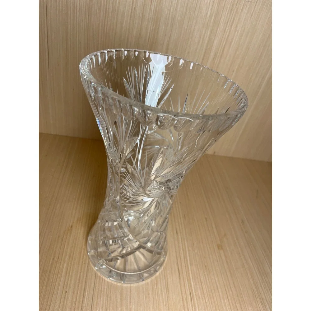 Vintage Bohemian Crystalex Cut Glass Vase Pinwheel Starburst Clear Crystal 12in